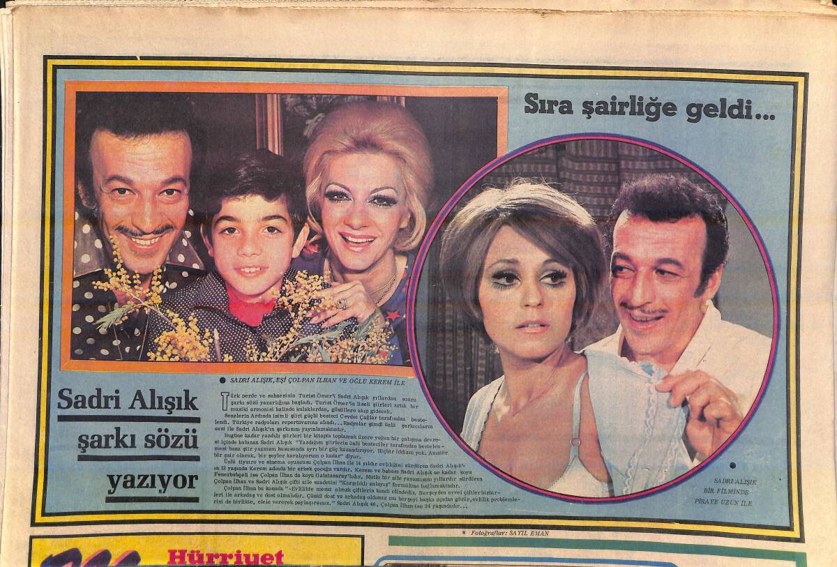 Hürriyet Gazetesi Magazin Eki 12 Nisan 1972 - Sadri Alışık Şarkı Sözü Yazıyor - Müşerref Tezcan Almanya'da Film Çevirdi GZ156789 - 1