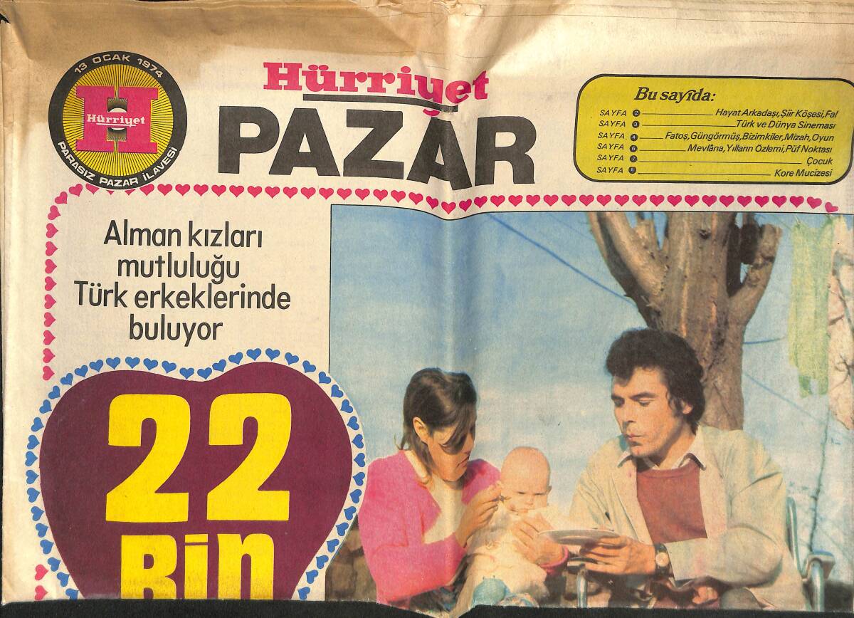 Hürriyet Gazetesi Pazar Eki 13 Ocak 1974 - Alman Kızı Türk Genci İle Evlendi - Hülya Koçyiğit Yunanistan'da Bilmece Kraliçesi Seçildi! GZ138093 - 1