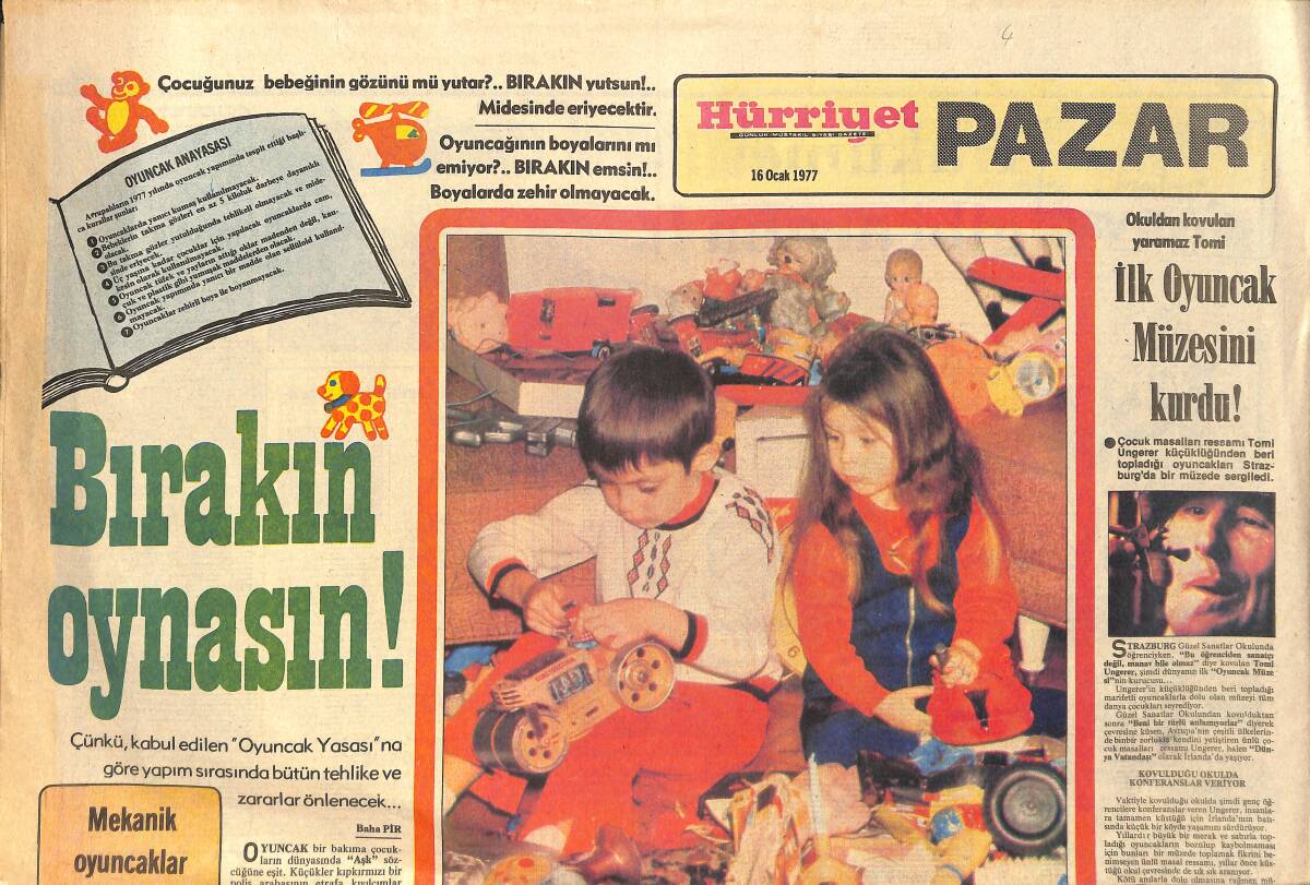 Hürriyet Gazetesi Pazar Eki 16 Ocak 1977 - Bahar Erdeniz De Yorgunluğunu Oyuncaklarla Gideren Bir Sanatçı - Bayan Kanto Nurhan Damcıoğlu GZ2067 - 1