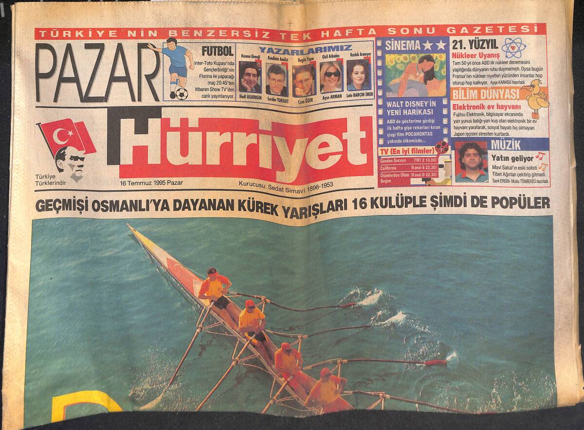 Hürriyet Gazetesi Pazar Eki 16 Temmuz 1995 - Geçmişi Osmanlı'ya Dayanan Kürek Yarışları 16 Kulüple Şimdi de Popüler GZ133037 - 1
