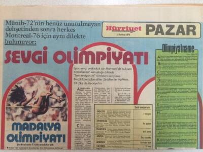Hürriyet Gazetesi Pazar Eki 18 Temmuz 1976 - Münih Sevgi Olimpiyatı GZ35162 - 1