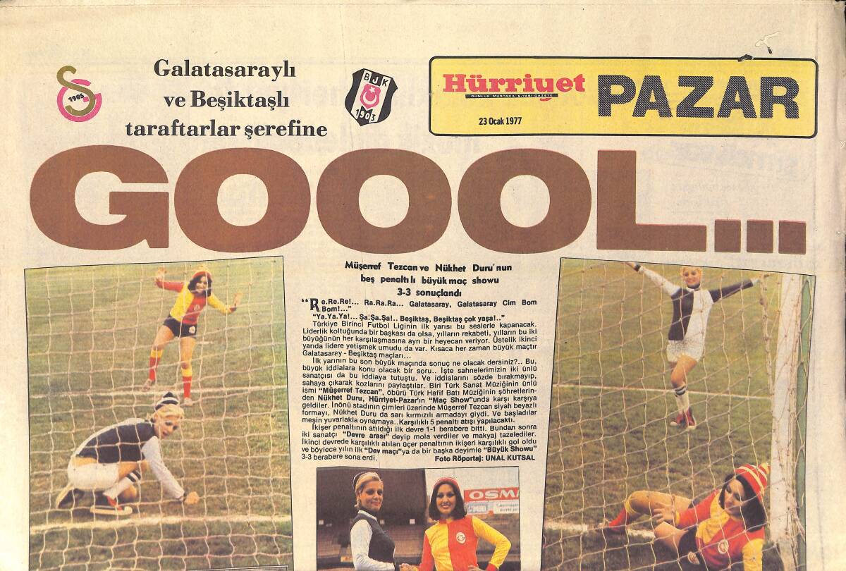 Hürriyet Gazetesi Pazar Eki 23 Ocak 1977 - Müşerref Tezcan Ve Nükhet Duru'nun Beş Penaltılı Büyük Showu 3-3 Sonuçlandı GZ156489 - 1