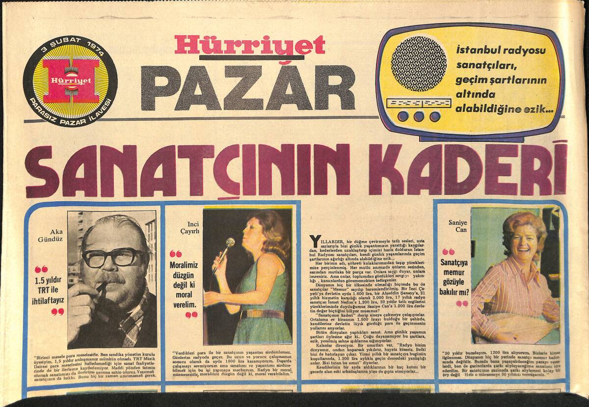 Hürriyet Gazetesi Pazar Eki 3 Şubat 1974 - Sanatçının Kaderi * Nurten İnnap-İsmet Nedim-Hüsnü Anıl-Metin Eryürek GZ155333 - 1