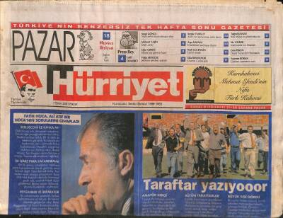 Hürriyet Gazetesi Pazar Eki 7 Ekim 2001 - Fatih Terim İşine Saygısızlık Eden Adamı Önce Allah Çarpar Sonra Ben GZ85237 - 1
