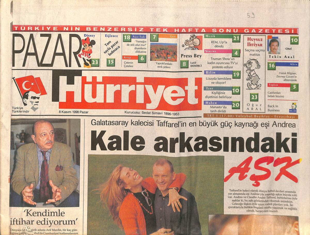 Hürriyet Gazetesi Pazar Eki 8 Kasım 1998 - Galatasaray Kalecisi Taffarel'in En Büyük Güç Kaynağı Eşi Andrea GZ159158 - 1