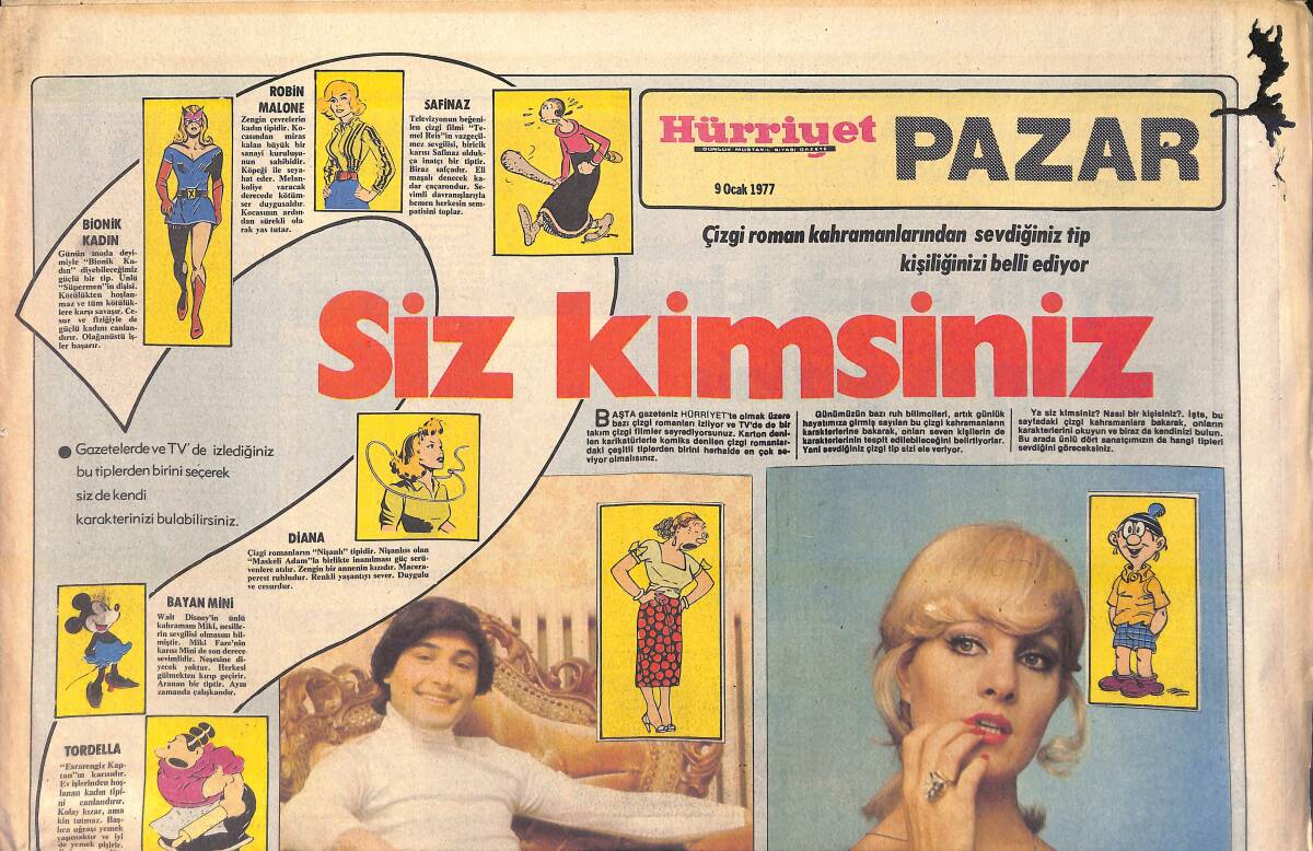 Hürriyet Gazetesi Pazar Eki 9 Ocak 1977 - Bülent Ersoy Ve Tonton - Emel Sayın'ın Sevgilisi Hüdaverdi - Feri Cansel'in Tipi Fatoş GZ156455 - 1