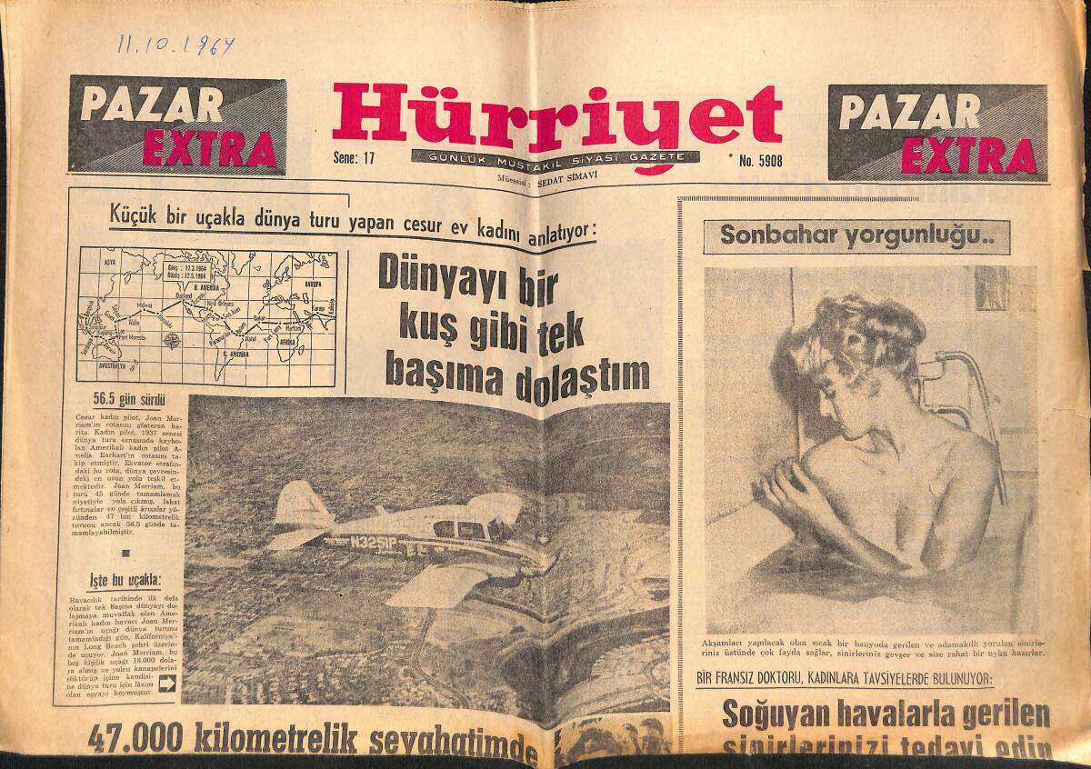 Hürriyet Gazetesi Pazar Extra Eki 11 Ekim 1964 - Küçük Bir Uçakla Dünya Turu Yapan Cesur Ev Kadını Anlatıyor GZ138246 - 1