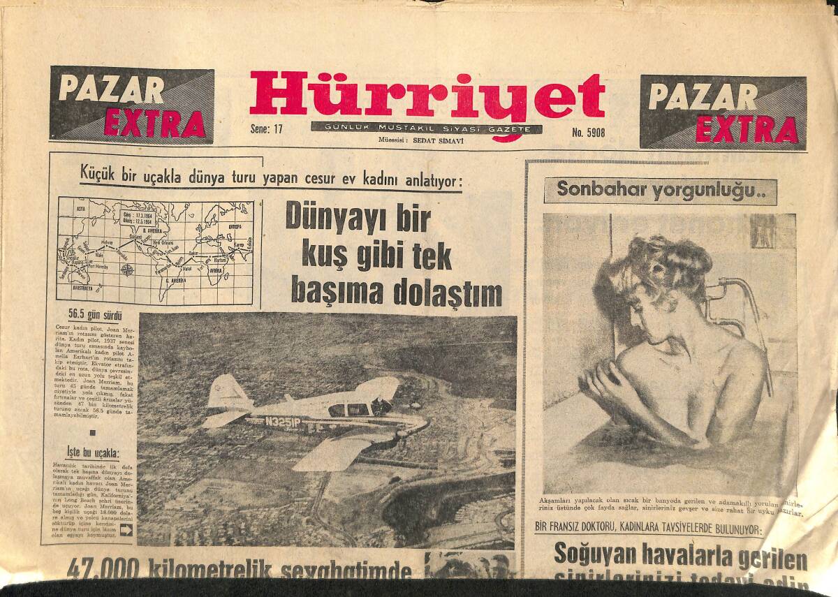 Hürriyet Gazetesi Pazar Extra Eki 11 Ekim 1964 - Küçük Bir Uçakla Dünya Turu Yapan Cesur Ev Kadını Anlatıyor GZ158039 - 1