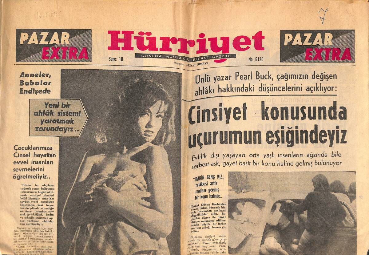 Hürriyet Gazetesi Pazar Extra Eki 16 Mayıs 1965 - Pearl Buck , Çağımızın Değişen Ahlâkı Hakkındaki Düşüncelerini Açıklıyor GZ138239 - 1