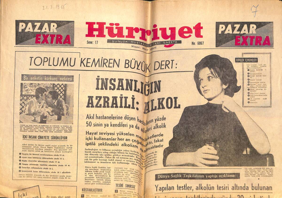 Hürriyet Gazetesi Pazar Extra Eki 21 Mart 1965 - İnsanlığın Azraili : Alkol GZ138256 - 1
