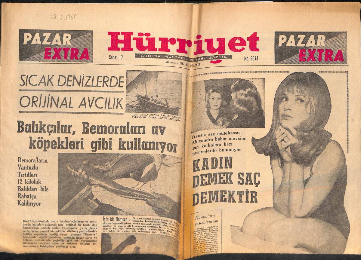 Hürriyet Gazetesi Pazar Extra Eki 28 Mart 1965 - Balıkçılar , Remoraları Av Köpekleri Gibi Kullanıyor GZ138245 - 1