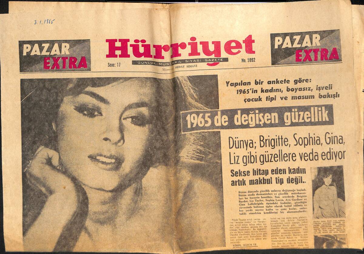 Hürriyet Gazetesi Pazar Extra Eki 3 Ocak 1965 - Dünya ; Brigitte,Sophia,Gina,Liz Gibi Güzellere Veda Ediyor GZ138223 - 1