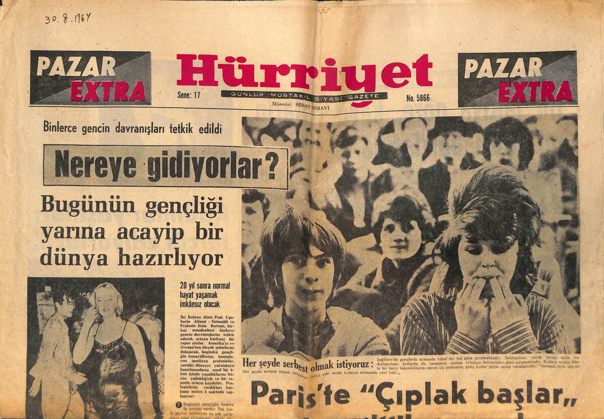 Hürriyet Gazetesi Pazar Extra Eki 30 Ağustos 1964 - Bugünün Gençliği Yarına Acayip Bir Dünya Hazırlıyor GZ138225 - 1
