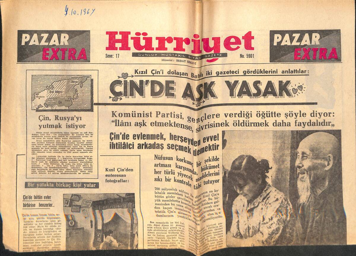 Hürriyet Gazetesi Pazar Extra Eki 4 Ekim 1964 - Çin'de Aşk Yasak - Çim , Rusya'yı Yutmak İstiyor GZ138266 - 1