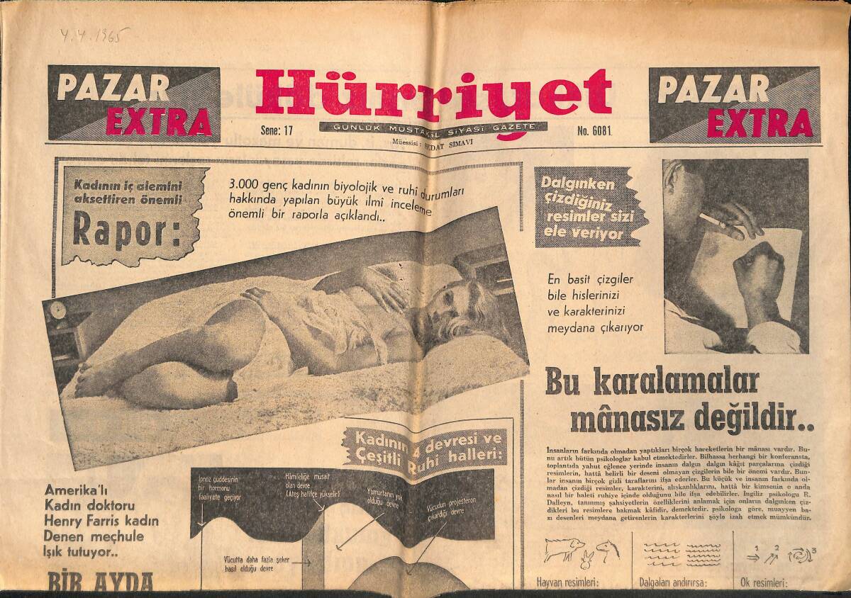 Hürriyet Gazetesi Pazar Extra Eki 4 Nisan 1965 - Kadının İç Alemini Aksettiren Önemli Rapor GZ138244 - 1