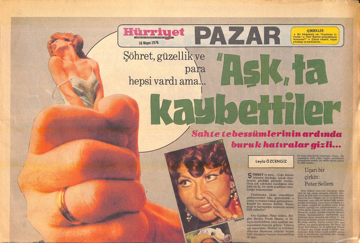 Hürriyet Gazetesi Pazar Gazetesi 16 Mayıs 1976 - Aşkta Kaybettiler: Ava Gardner'in Kaderi, Brigitte'e Vahşi Kedi Diyorlar GZ156330 - 1