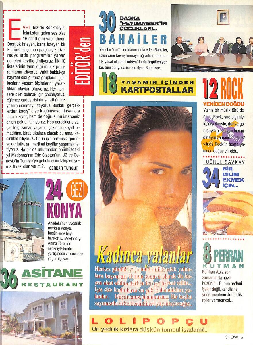 Hürriyet Gazetesi Show Dergisi 13 Aralık1992 - Sayı:38 - Perran Kutman - Sherılyn Fenn - Nıck Jagger NDR87814 - 1