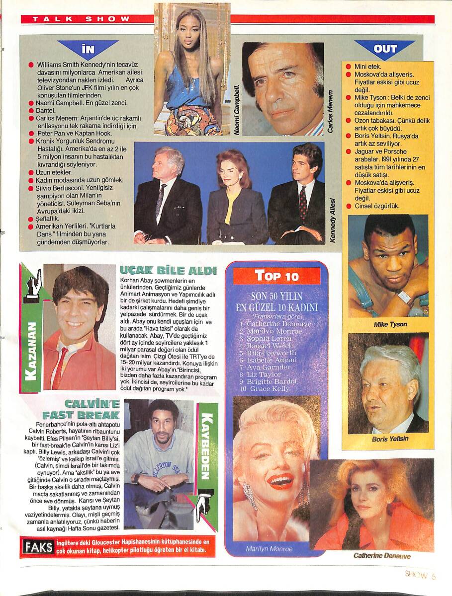 Hürriyet Gazetesi Show Dergisi 21 Haziran 1992 - Mike Tyson - Marilyn Monroe - Carlos Menem - Naomi Campbell NDR87818 - 1