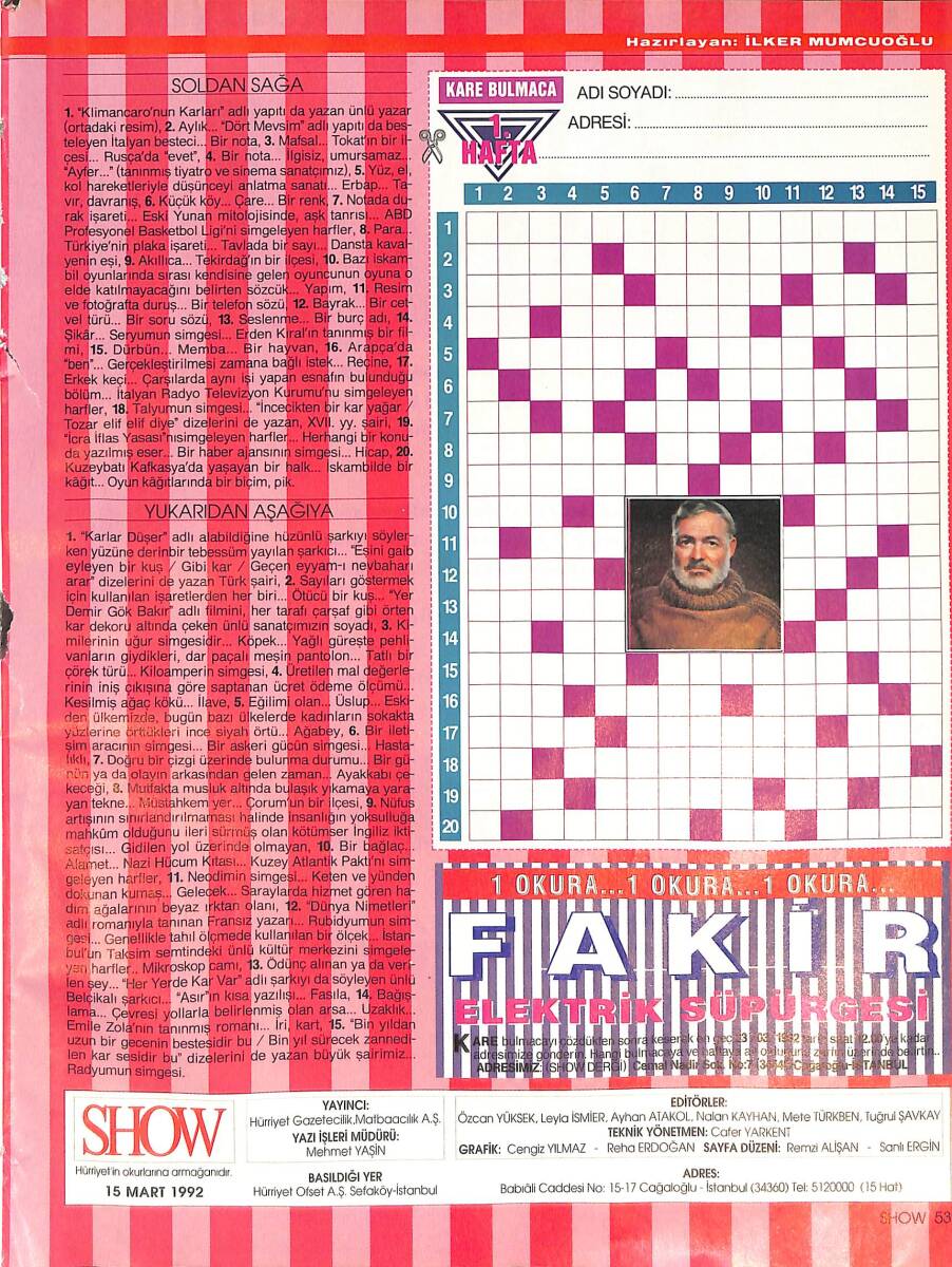 Hürriyet Gazetesi Show Dergisi 21 Mart 1992 Sayı:1 - Nevzat Çakır - Artun Ünsal - Tuğrul Şavkay - Lız Taylor - Rüstem Batum - Emel Müstüoğlu NDR87811 - 1