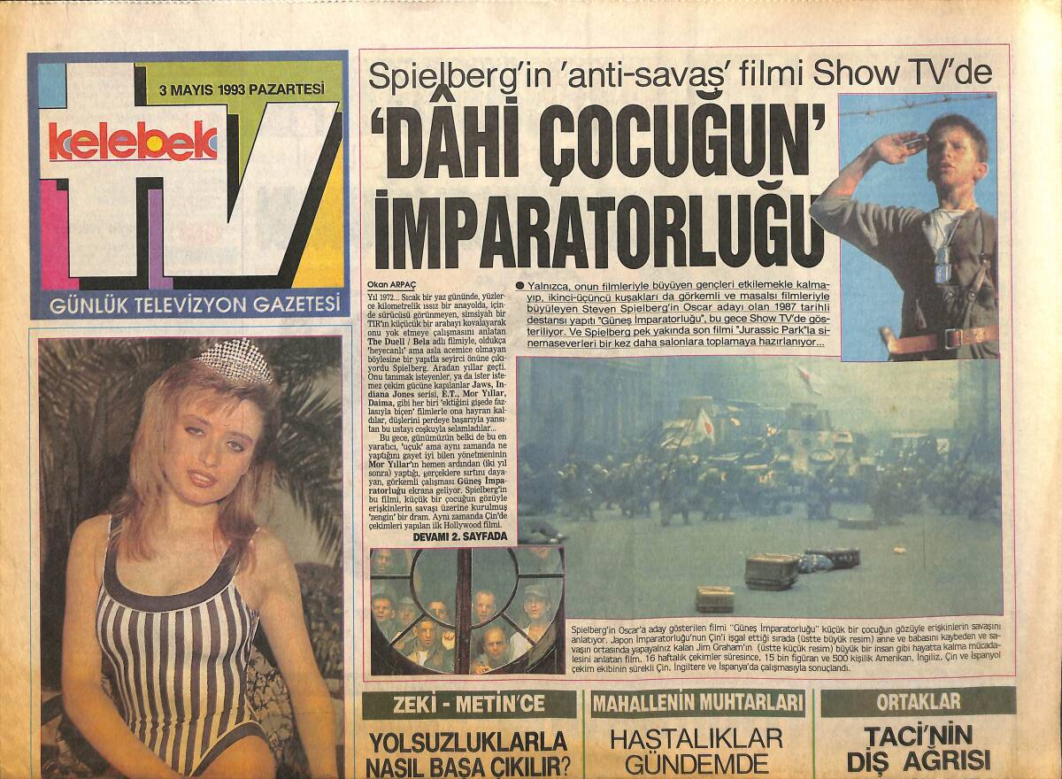 Hürriyet Gazetesi TV Kelebek Eki 3 Mayıs 1993 - Spielberg'in Anti-Savaş Filmi Show TV'de GZ158022 - 1