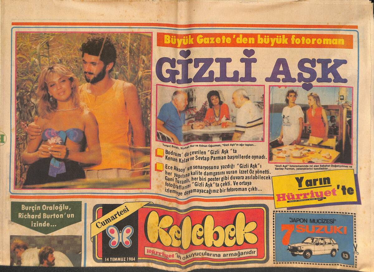 Hürriyet Kelebek Gazetesi 14 Temmuz 1984 -Burçin Oraloğlu, Hülya Koçyiğit, Serpil Çakmaklı, Türkan Şoray Beyaz Şemsiyeli Fotoroman GZ134740 - 1