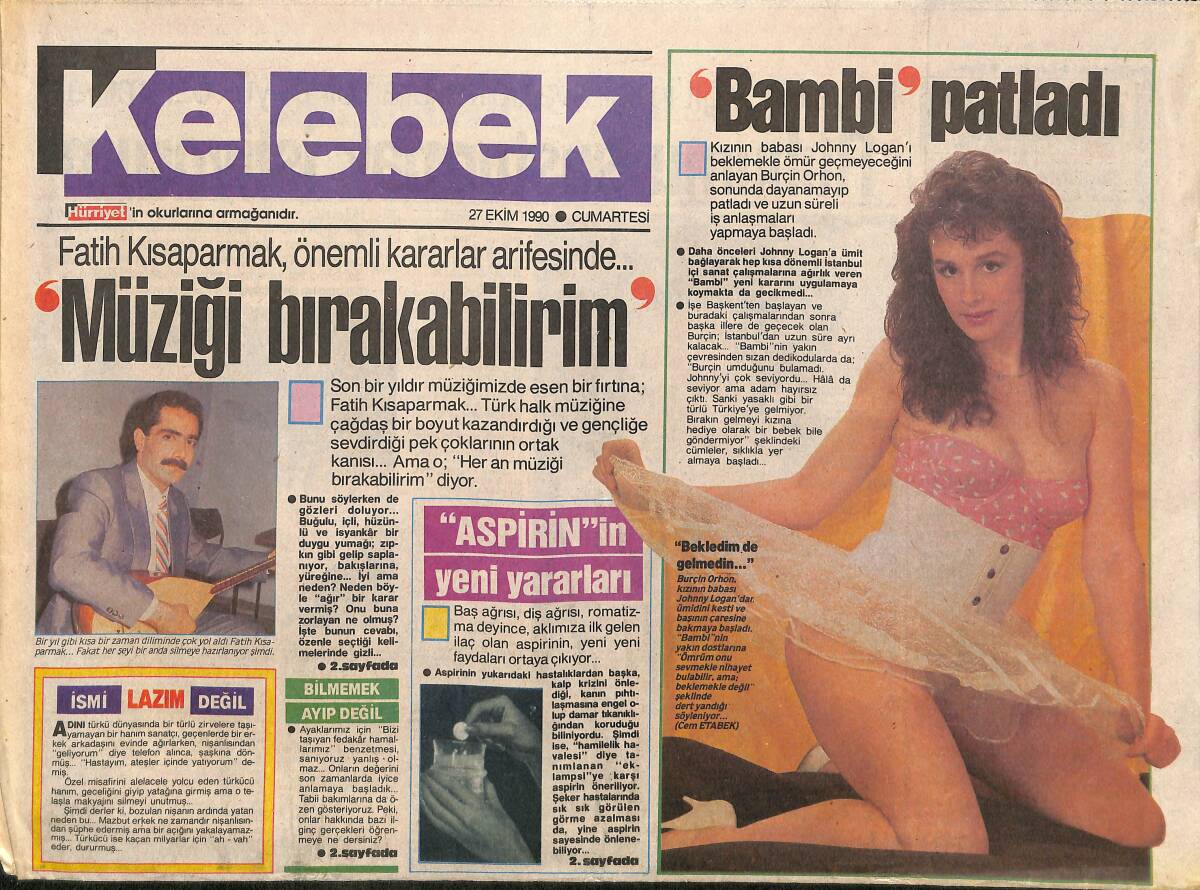 Hürriyet Kelebek Gazetesi 27 Ekim 1990 - Fatih Kısaparmak Önemli Kararlar Arifesinde - Hülya Koçyiğit: Ruhumu Susturmak İstiyorum GZ3832 - 1