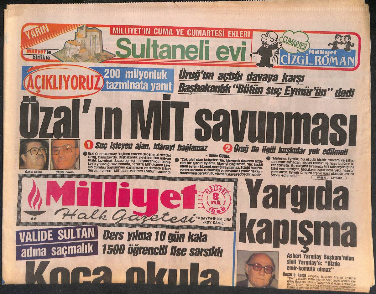 Milliyet Halk Gazetesi 8 Eylül 1988 - Özal'ın MİT Savunması - Galatasaray Ağlarken Güldü GZ133133 - 1