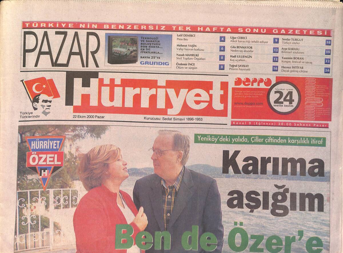 Hürriyet Pazar Gazetesi 22 Ekim 2000 - Çiller Çiftinden Karşılıklı İltifat - Kırca'nın Sayımı GZ3188 - 1