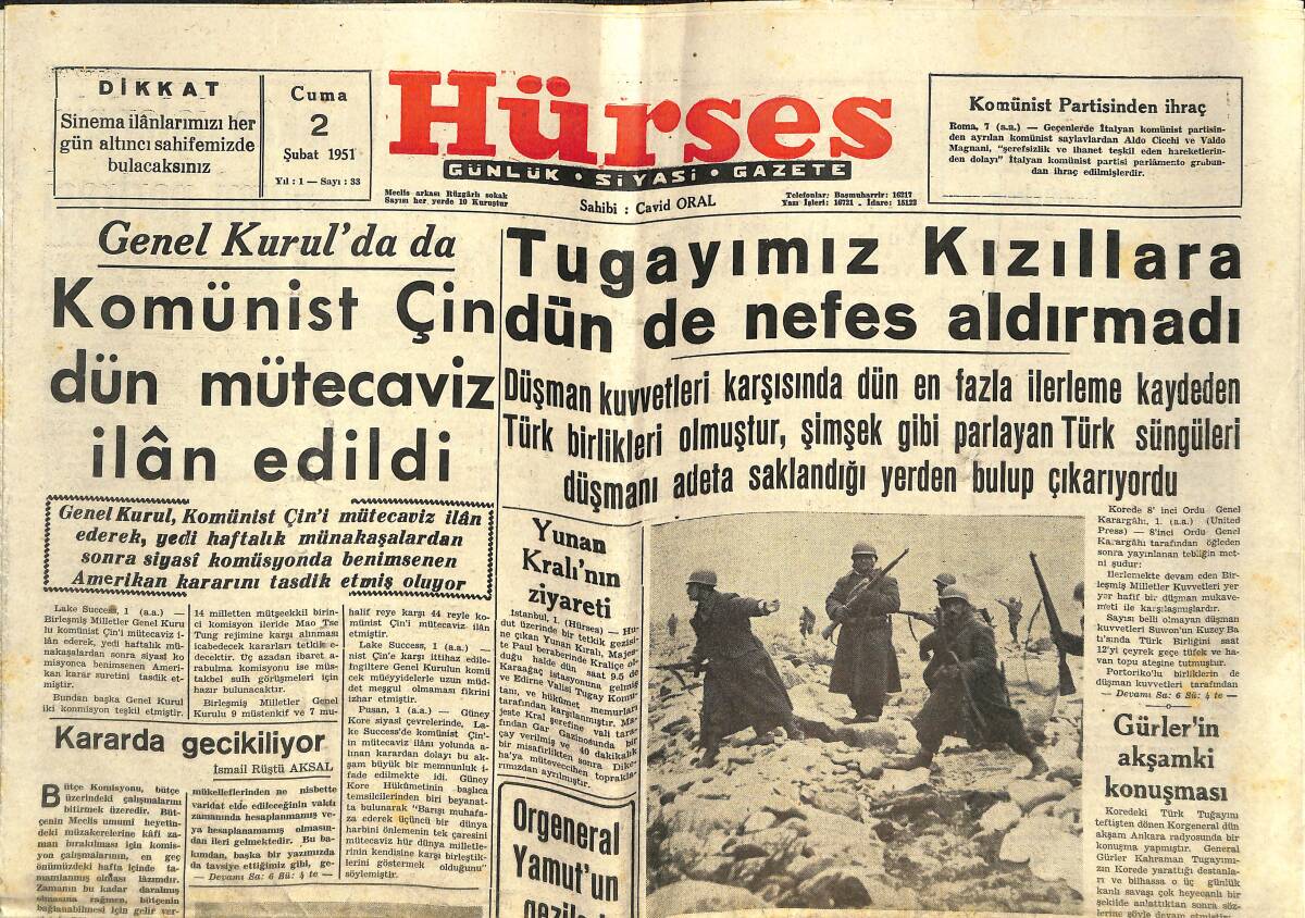 Hürses Gazetesi 2 Şubat 1951 - Pleven Gasperi Teması - Tugayımız Kızıllara Dün de Nefes Aldırmadı GZ142399 - 1