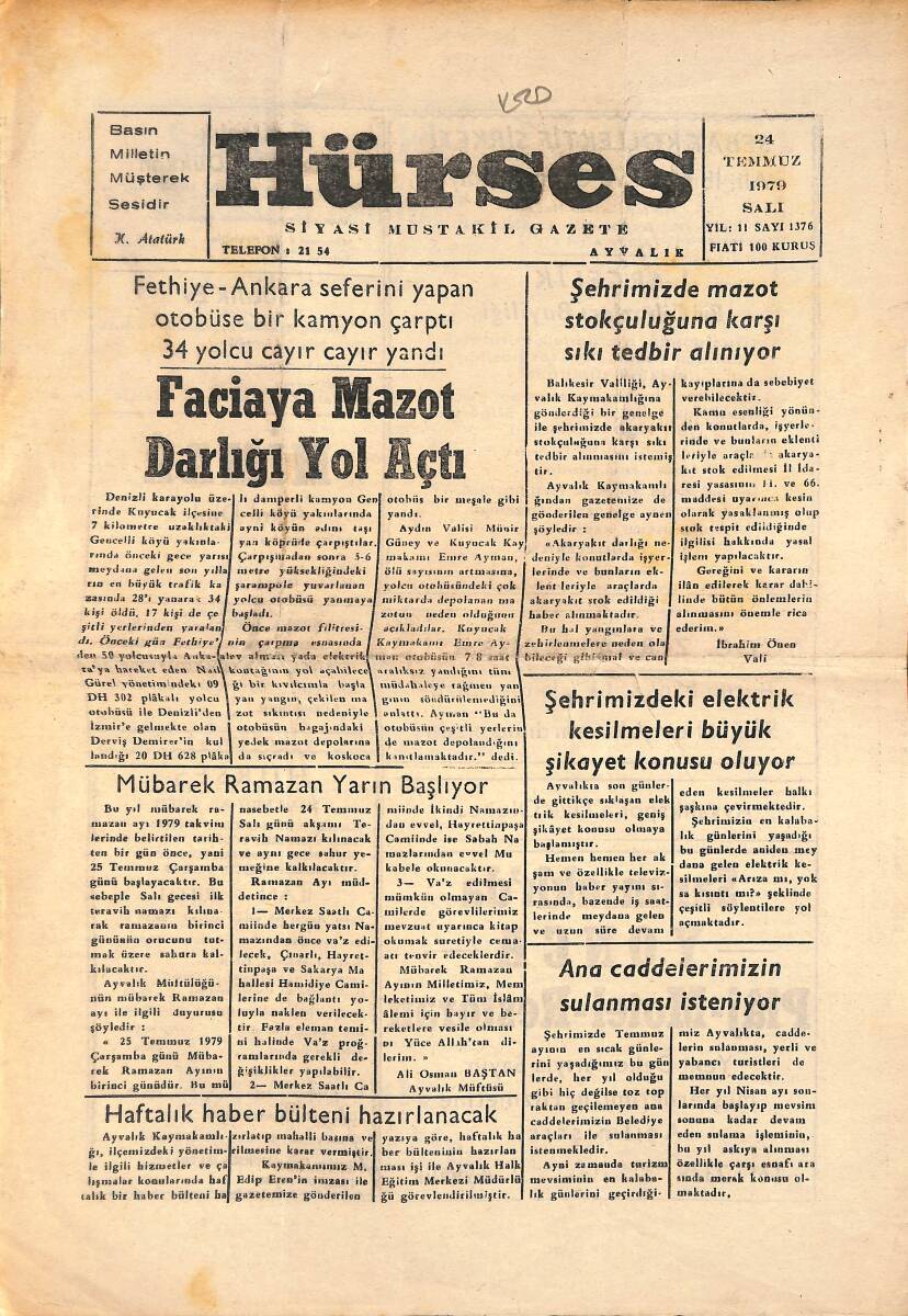 Hürses Gazetesi 24 Temmuz 1979 - Fethiye-Ankara Seferini Yapan Otobüse Bir Kamyon Çarptı . 34 Yolcu Cayır Cayır Yandı GZ138235 - 1