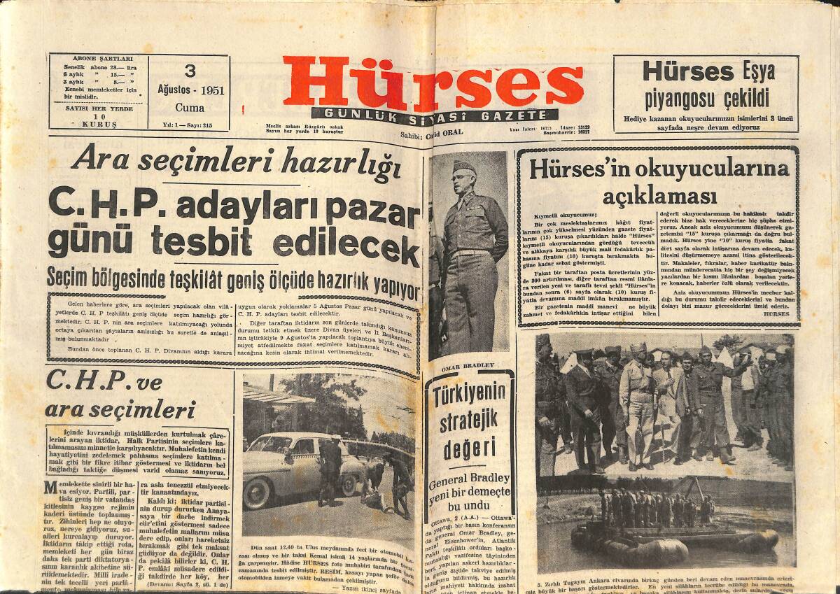 Hürses Gazetesi 3 Ağustos 1951 - Hürses'in Okuyucularına Açıklaması - CHP Adayları Pazar Günü Tesbit Edilecek GZ142512 - 1