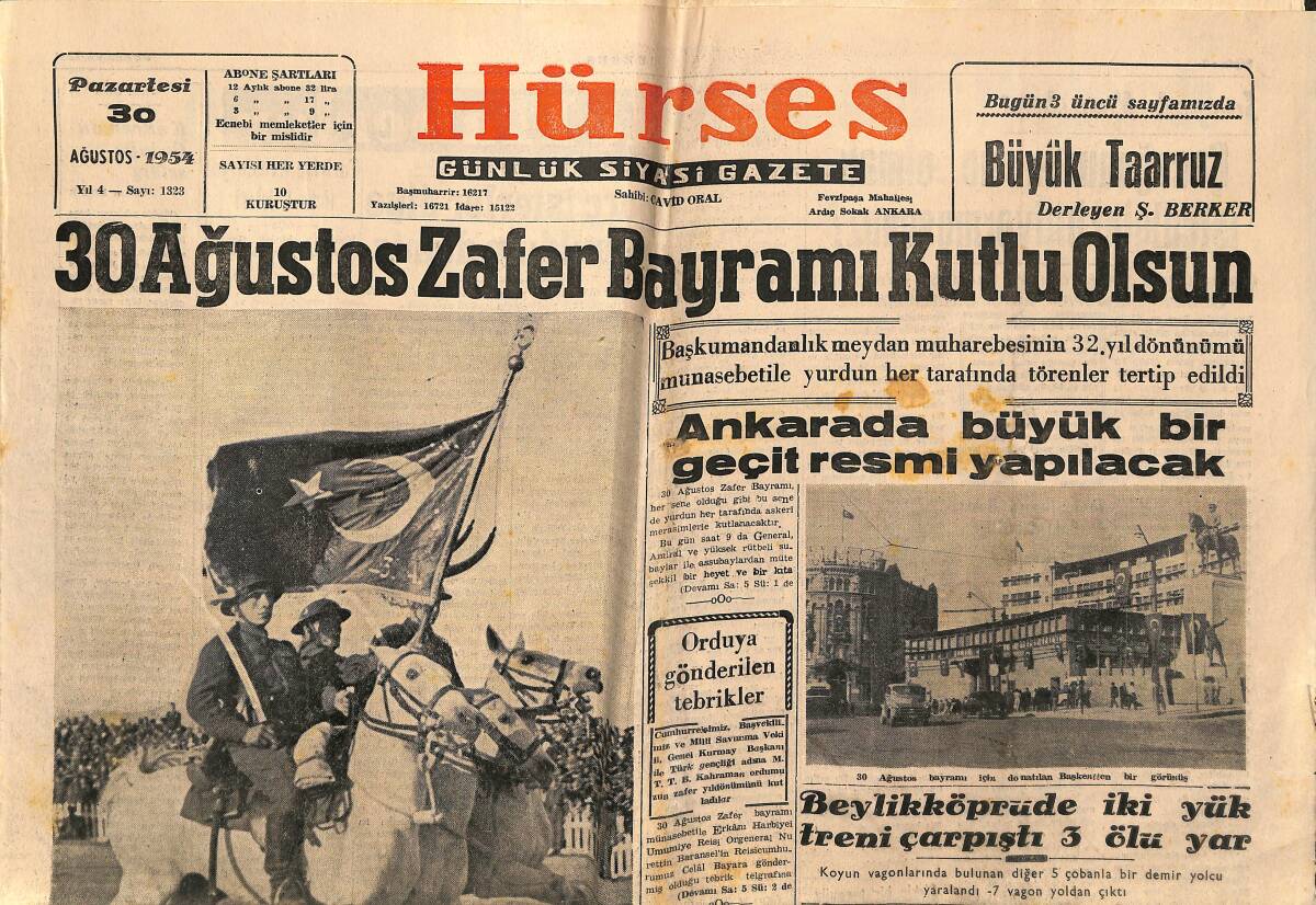 Hürses Gazetesi 30 Ağustos 1954 - 30 Ağustos Zafer Bayramı Kutlu Olsun - Ankara'da Büyük Bir Geçit Resmi Yapılacak GZ141425 - 1