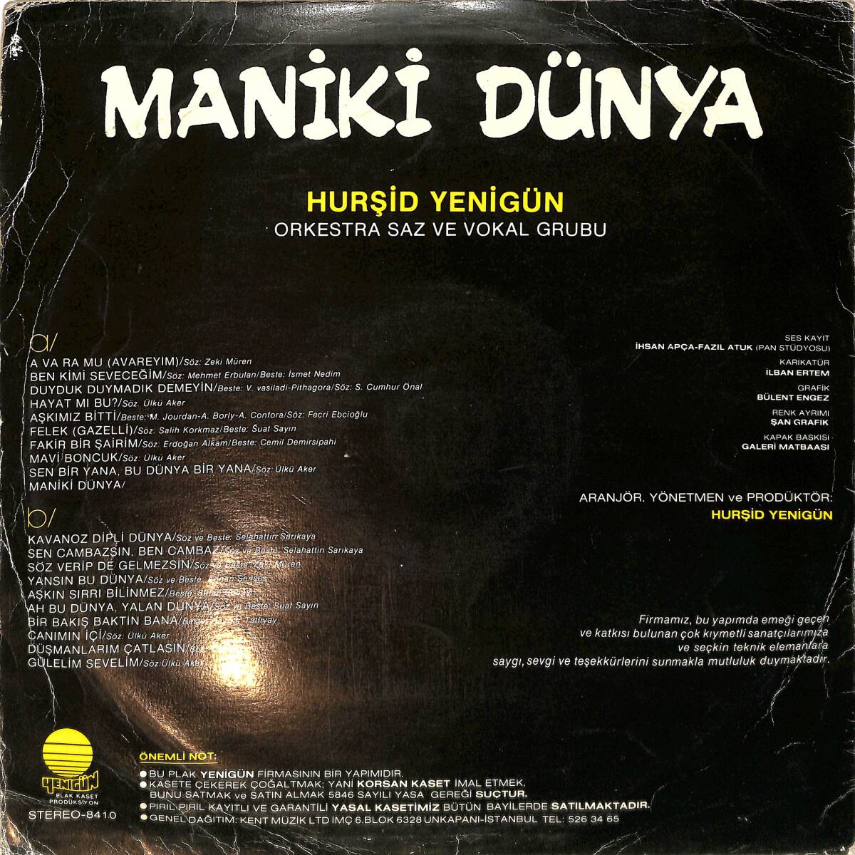 Hurşid Yenigün Orkestra Saz Ve Vokal Grubu - Maniki Dünya LP PLAK (10/6.5) PLK26481 - 2