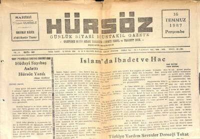 Hürsöz Gazetesi 16 Temmuz 1987 - Hüdayi Sayıbaş Anlattı Hürsöz Yazdı - Fenerbahçeli Taraftarlar Barış Çağrısında Bulundu GZ125336 - 1