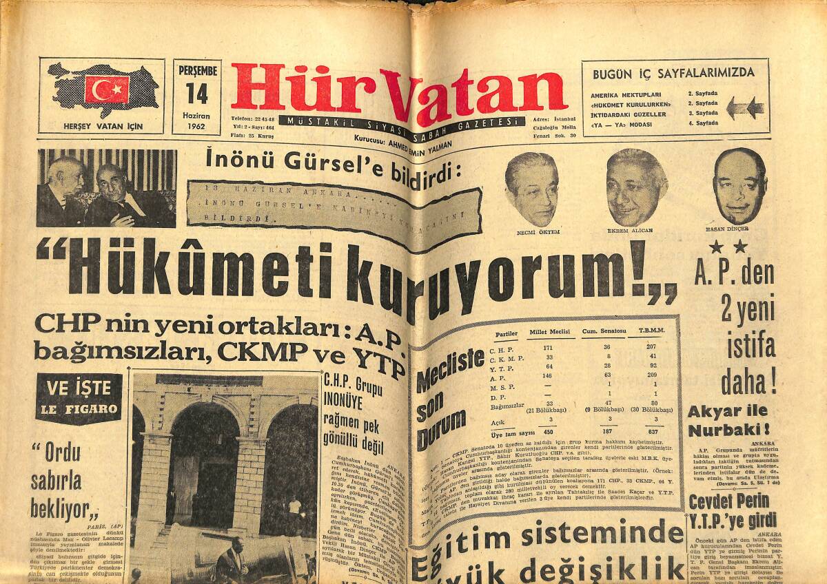 Hürvatan Gazetesi 14 Haziran 1962 - Türkeş İzinini Uzak Doğu'da Geçirecek - Eğitim Sisteminde Büyük Değişiklik GZ143365 - 1