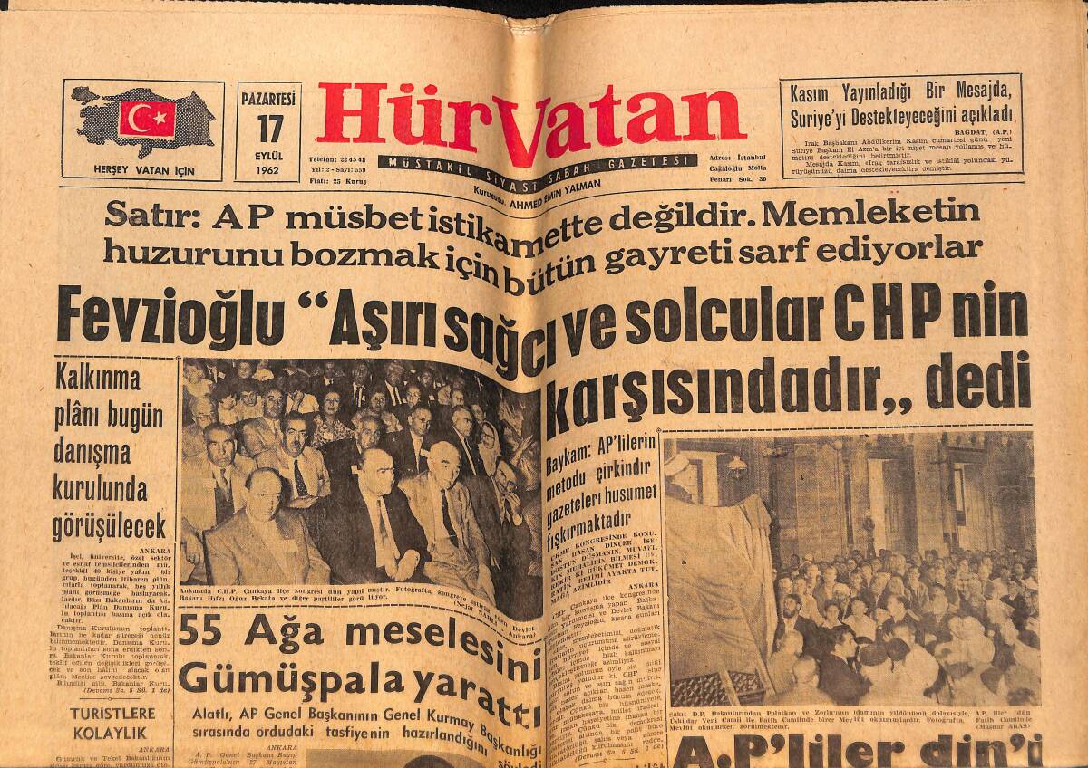 Hürvatan Gazetesi 17 Eylül 1962 - Fransa Avrupa Birliğinin Gerçekleşmesine Çalışıyor - Kalkınma Planı Bugün Danışma Kurulunda Görüşülücek GZ149070 - 1