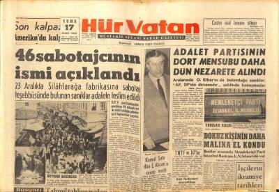 Hürvatan Gazetesi 17 Mart 1961 - 46 Sabotajcının İsmi Açıklandı GZ89948 - 1