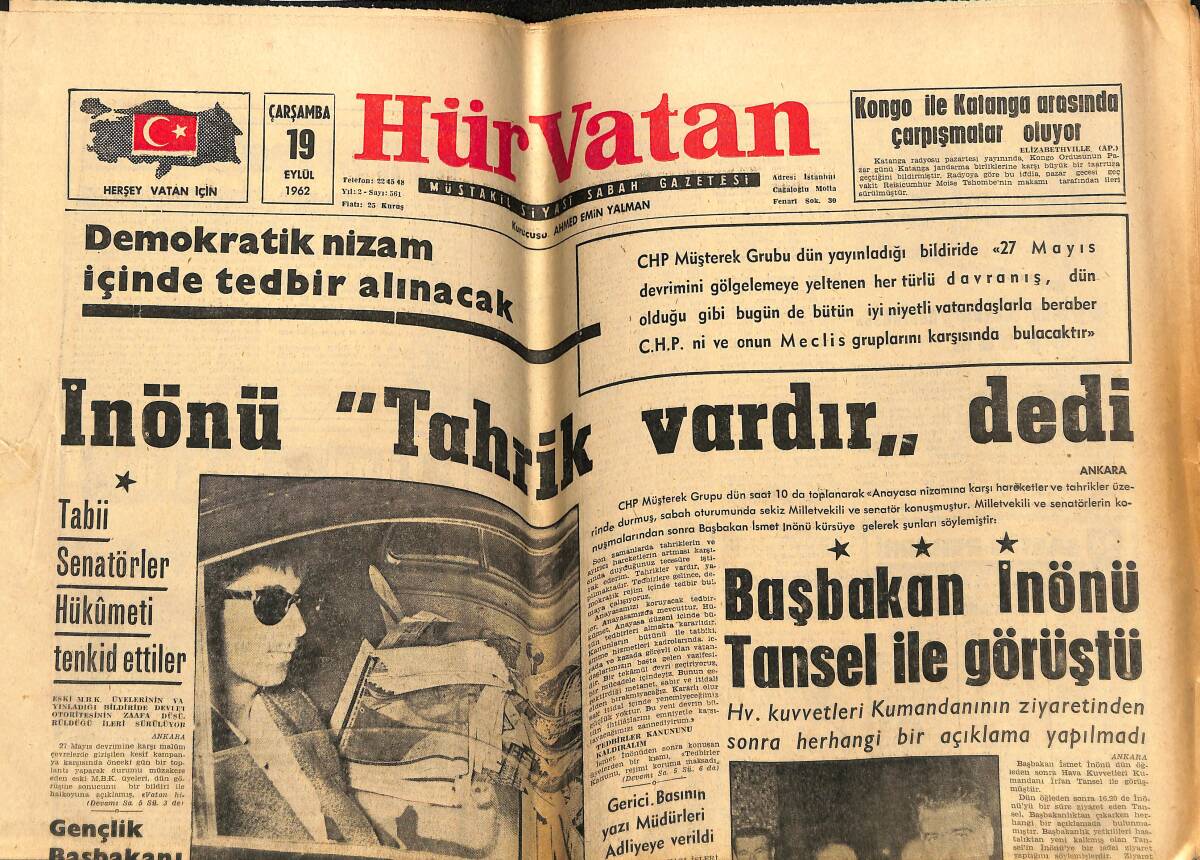 Hürvatan Gazetesi 19 Eylül 1962 - Kıbrıs'ta Rauf Denktaş'ın Bürosuna Bomba Atıldı - Cezayir'de İç Harp Havası Esiyor GZ148717 - 1