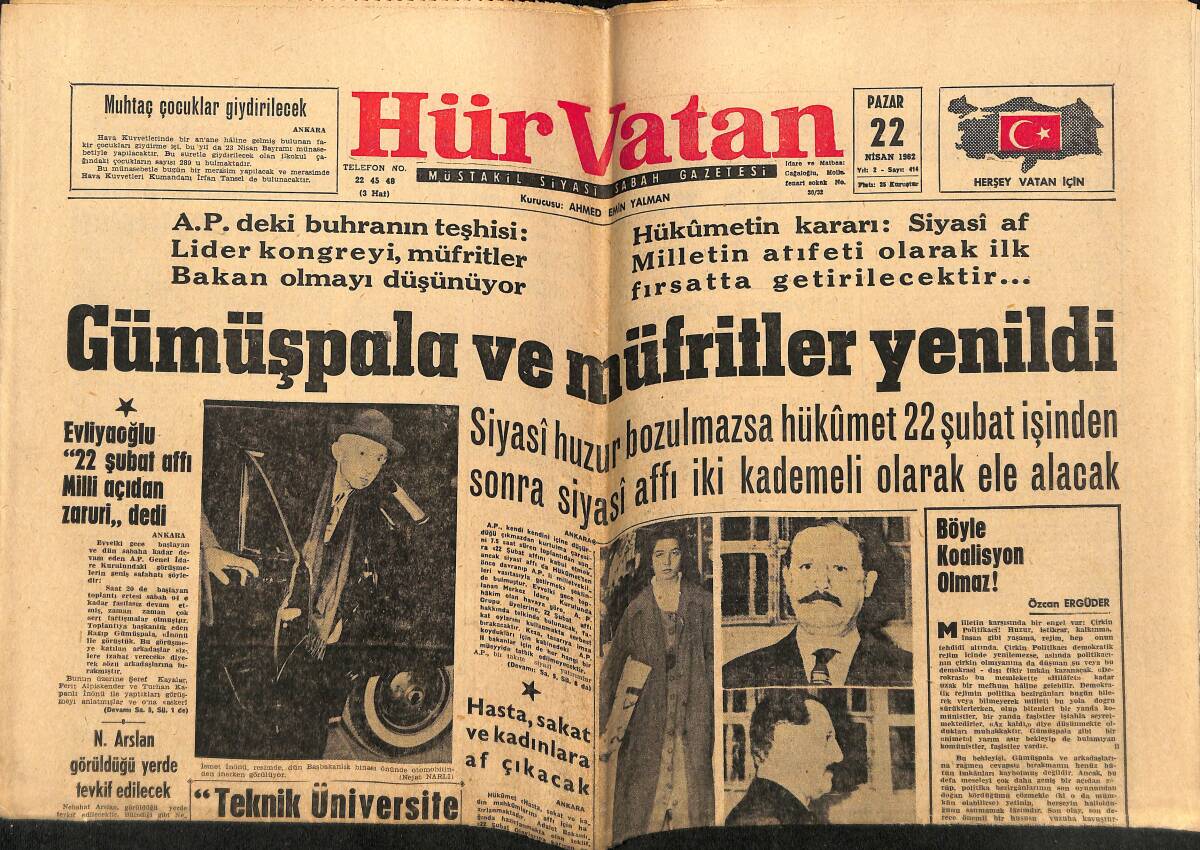 Hürvatan Gazetesi 22 Nisan 1962 - Casus İngiliz Diplomatları Olayı Büyüdü - Gümüşpala Ve Müfritler Yenildi GZ148774 - 1