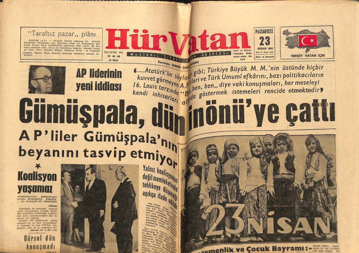 Hürvatan Gazetesi 23 Nisan 1962 - Bölükbaşı -Tahtakılıç İhtilâfı Had Safhada - Gümüşpala , Dün İnönü'ye Çattı GZ148768 - 1