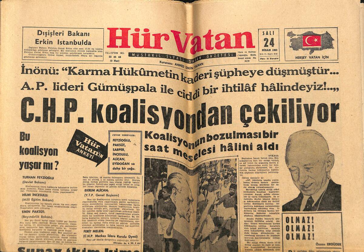 Hürvatan Gazetesi 24 Nisan 1962 - Ekmek Fiat Ve Gramajı Yeniden Ayarlanıyor - CHP Koalisyondan Çekiliyor GZ148707 - 1