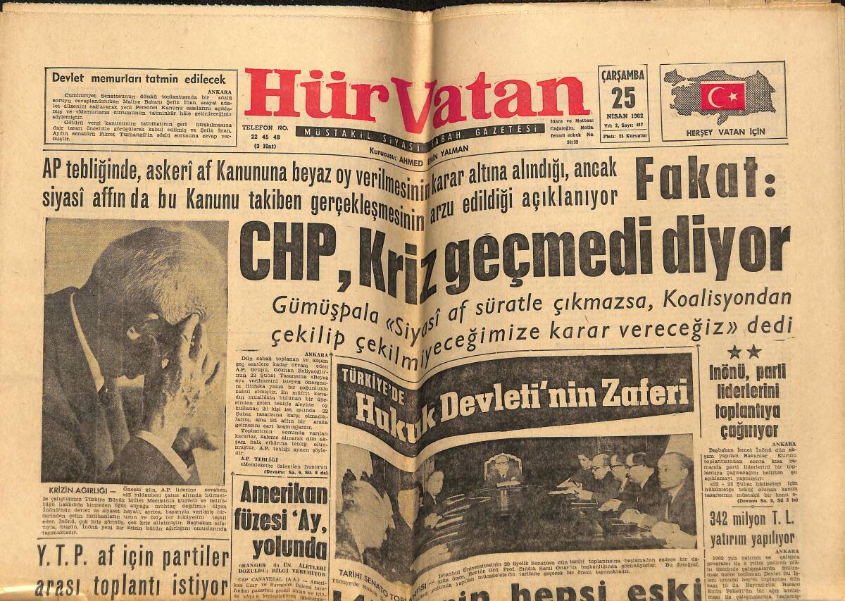 Hürvatan Gazetesi 25 Nisan 1962 - Köprülü Hakkında Takibata Geçildi - Amerikan Füzesi Ay Yolunda GZ148703 - 1