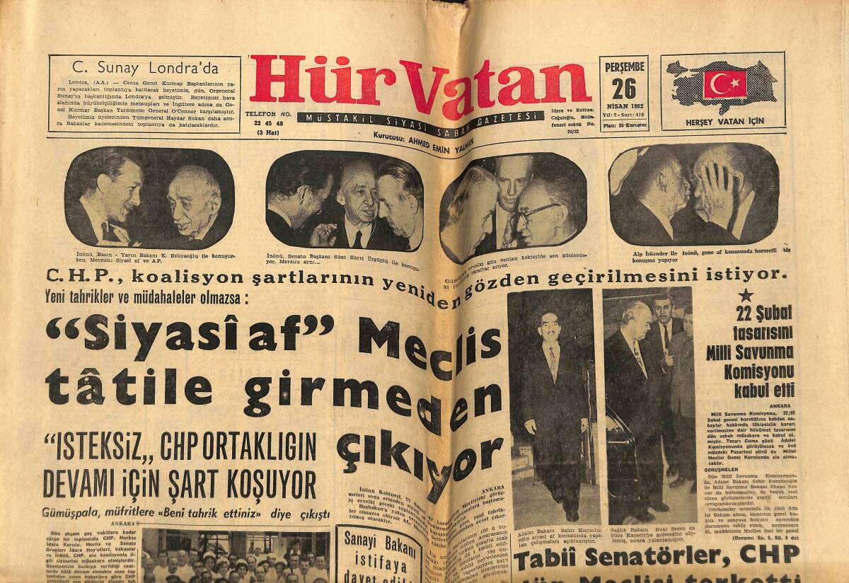 Hürvatan Gazetesi 26 Nisan 1962 - Polis 26 Bin Kaçak Mermi Ele Geçirdi - Tahtakılıç CKMP'den Muvakkaten Çıkarıldı GZ148793 - 1