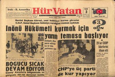 Hürvatan Gazetesi 3 Haziran 1962 - İnönü Hükümeti Kurmak İçin Temasa Başlıyor GZ89864 - 1