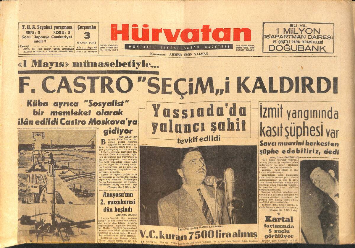 Hürvatan Gazetesi 3 Mayıs 1961 - Yassıada'da Yalancı Şahit Tevkif Edildi - Kartal Faciasında 5 Suçlu Gösteriliyor GZ159106 - 1