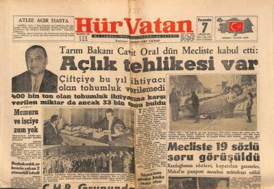 Hürvatan Gazetesi 7 Aralık 1961 - Tarım Bakanı Cavit Oral Açlık Tehlikesi Var GZ88627 - 1