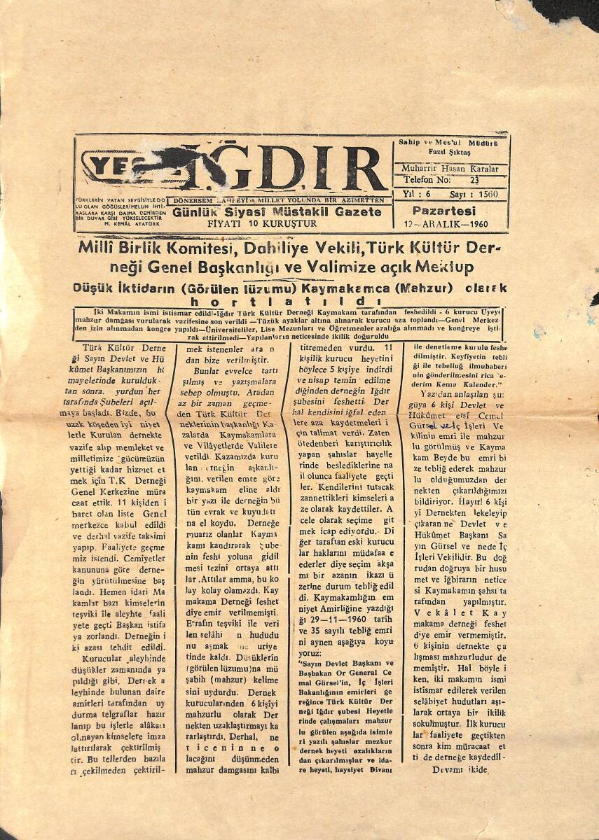 Iğdır Gazetesi 12 Aralık 1960 - Düşük İktidar ve Kaymakam Arasındaki Durum GZ134701 - 1