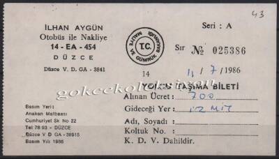 İlhan Aygün 1986 Yılı Otobüs Bileti PYB2880 - 1