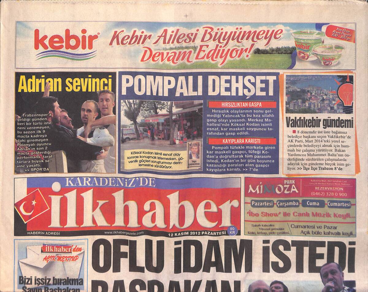 İlk Haber Gazetesi 12 Kasım 2012 - Rize'de Şakasına Motorla Çarptığı Arkadaşını Öldürdü GZ158631 - 1