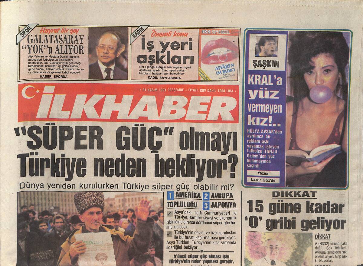 İlkhaber Gazetesi 21 Kasım 1991 - Hülya Avşar'dan Ayrılan Tanju, Özlemden Yüz Bulamadı - Bülent Ersoy'un Eli Neden Havada Kaldı - Milyarlık Şaheserler GZ137733 - 1